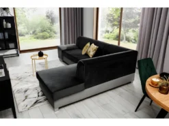 Canapé D'angle Convertible En Tissu Luxe 5 Places, Avec Coffre - Noir Et Gris Clair, Angle Droit (vu De Face), VERTU VELOURS -Canapé Soldes Boutique canape 9996037