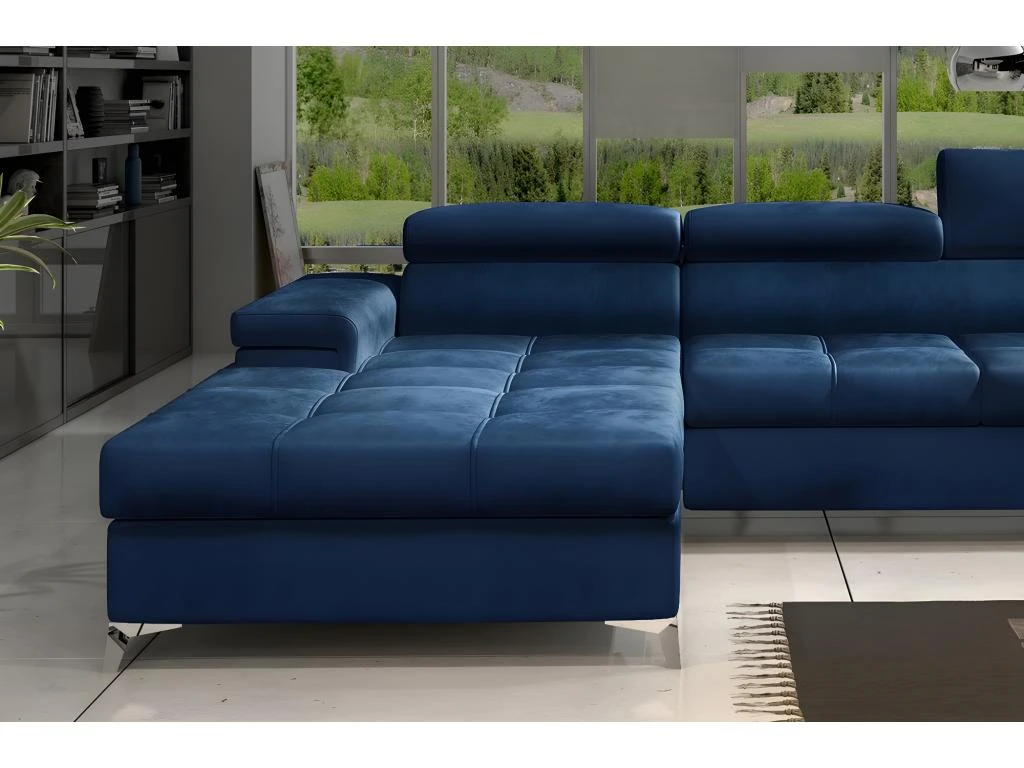 Canapé D'angle Convertible En Tissu Velours Luxe 5 Places, RICHARD, Bleu, Angle Gauche 2 Canapé D'angle Convertible En Tissu Velours Luxe 5 Places, RICHARD, Bleu, Angle Gauche – Image 2