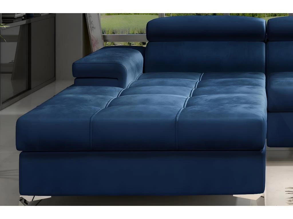 Canapé D'angle Convertible En Tissu Velours Luxe 5 Places, RICHARD, Bleu, Angle Gauche 5 Canapé D'angle Convertible En Tissu Velours Luxe 5 Places, RICHARD, Bleu, Angle Gauche – Image 5