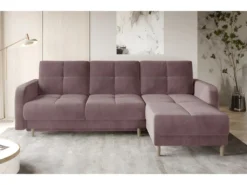 Canapé D'angle Convertible En Tissu Velours Luxe, Rangement - Rose Pale, Angle Droit (vu De Face), ROXANE VELOURS