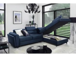 Canapé D'angle Convertible - KARL VELOURS - En Tissu Prestige Bleu, 5 Places, Angle Droit (vu De Face) -Canapé Soldes Boutique canape 9996173