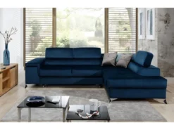 Canapé D'angle Convertible - ERWAN - En Tissu Luxe 5 Places, Bleu Foncé, Angle Droit (vu De Face)