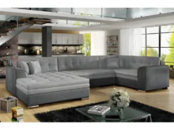 Canapé Panoramique Convertible - DAMIEN VELOURS - En Tissu Gris Clair Et Gris Foncé De Qualité, 7 Places, Méridienne à Gauche Et Angle à Droite (vu De Face)