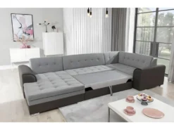 Canapé Panoramique Convertible - DAMIEN VELOURS - En Tissu Gris Clair Et Gris Foncé De Qualité, 7 Places, Méridienne à Gauche Et Angle à Droite (vu De Face) -Canapé Soldes Boutique canape 9996349