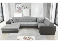 Canapé Panoramique Convertible - DAMIEN VELOURS - En Tissu Gris Clair Et Gris Foncé De Qualité, 7 Places, Méridienne à Gauche Et Angle à Droite (vu De Face) -Canapé Soldes Boutique canape 9996351