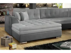 Canapé Panoramique Convertible - DAMIEN VELOURS - En Tissu Gris Clair Et Gris Foncé De Qualité, 7 Places, Méridienne à Gauche Et Angle à Droite (vu De Face) -Canapé Soldes Boutique canape 9996353