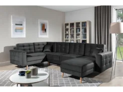 Canapé Panoramique Convertible - ASMA VELOURS - En Tissu De Qualité 5 Places, Gris Anthracite, Méridienne à Droite Et Angle à Gauche (vu De Face)