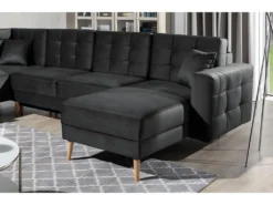 Canapé Panoramique Convertible - ASMA VELOURS - En Tissu De Qualité 5 Places, Gris Anthracite, Méridienne à Droite Et Angle à Gauche (vu De Face) -Canapé Soldes Boutique canape 9996363