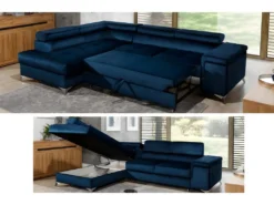 Canapé D'angle - Convertible - ERIKA - En Tissu Luxe 5 Places, BLEU Et GRIS, Angle Gauche (vu De Face) -Canapé Soldes Boutique canape 9996413