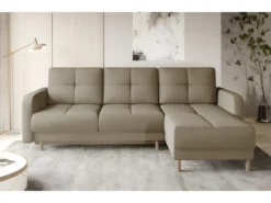 Canapé D'angle Convertible En Tissu Velours Luxe, Rangement - BEIGE, Angle Droit (vu De Face), ROXANE VELOURS