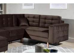 Canapé Panoramique Convertible - ASMA VELOURS - En Tissu De Qualité 5 Places, Marron Foncé, Méridienne à Gauche Et Angle à Droite (vu De Face) -Canapé Soldes Boutique canape 9996763