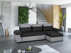 Canapé D'angle Réversible Et Convertible En Tissu GABY - Bicolore Noir Et Gris Clair